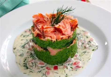 Smoke Salmon Broccoli Purée And Spinach Timbale Dill Sauce