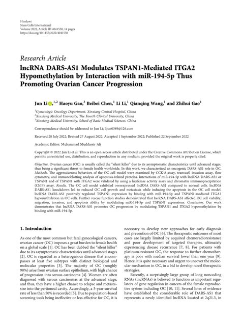 Pdf Lncrna Dars As Modulates Tspan Mediated Itga Hypomethylation