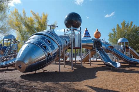 Premium Photo | A playground featuring a metal slide and multiple ...