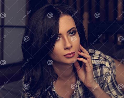 Thinking Sad And Lonely Brunette In Love Woman Lying On The Bed Stock Image Image Of People