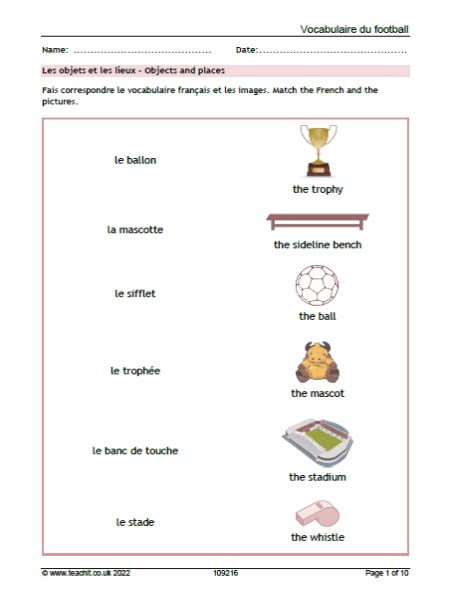 French Football Vocabulary Match KS2 3 Teachit