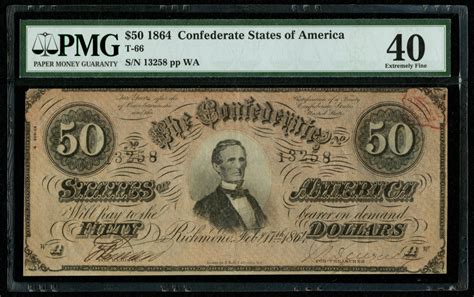 1864 50 Fifty Dollars Confederate States Of America Richmond Csa Bank Note Bill T 66 Pmg 40