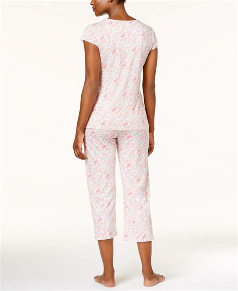 Miss Elaine Floral Print Knit Top And Cropped Pants Pajama Set Macys