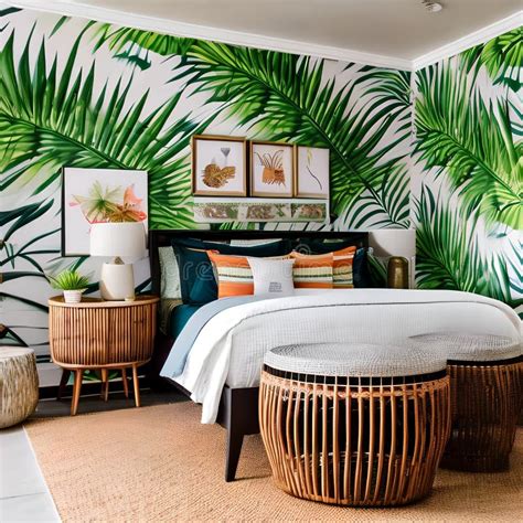 A Tropical-themed Bedroom with Palm Leaf Wallpaper, Rattan Furniture ...