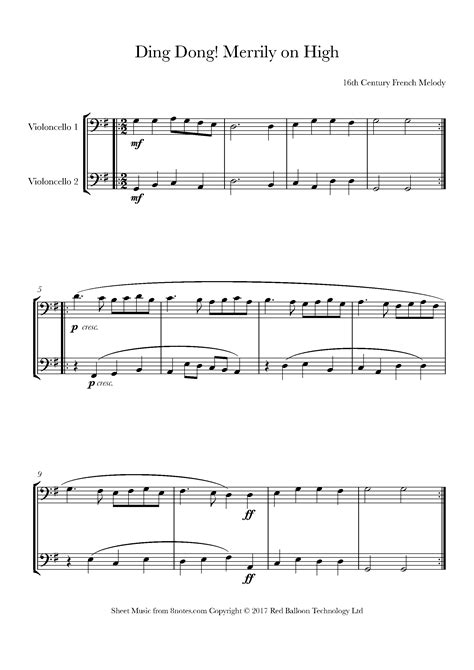 Ding Dong Merrily On High For Cello Duet Free Sheet Music For Cello