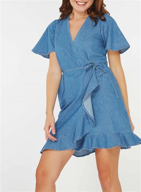 Mid Wash Denim Ruffle Wrap Dress Shopperboard