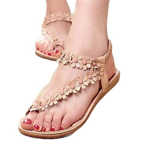 Goodsatar Frauen Sommer Böhmen Blumen Perlen Flip Khaki Sandals Shoes