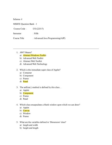 Ajp Objectives Mcqs For Advanced Java Scheme I Msbte Question