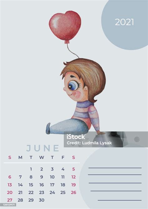 Ilustración De Calendario 2021 Acuarela Plantilla Para Junio Dibujo De Acuarela Un Niño Lindo