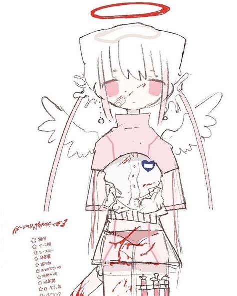 a drawing of an angel with blood on it's face and arms, holding a baby