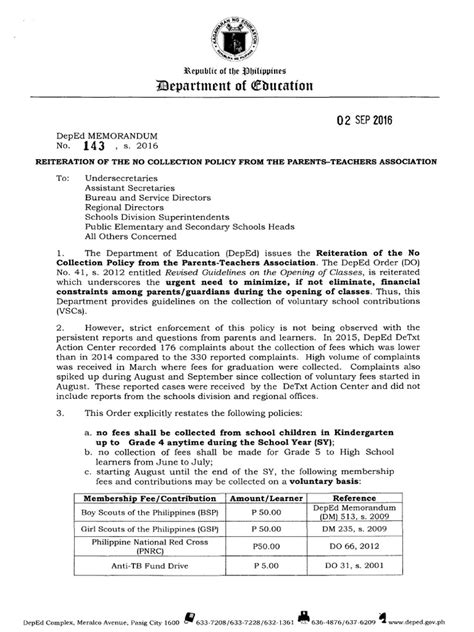 Deped Order 143 S 2016 No Collection Policy