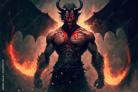 Big demon with horns and wings in hell. Generative AI Stock Illustration | Adobe Stock