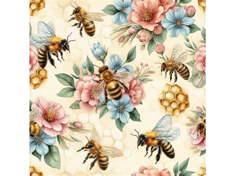 Watercolor Bees Flowers And Honeycombs Seamle By Dianaxstoyanova