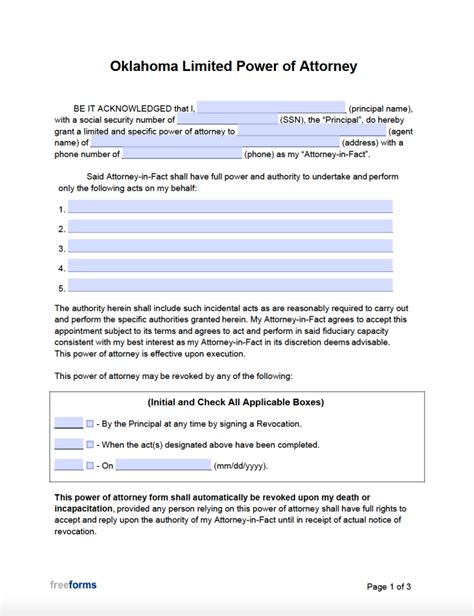 Free Oklahoma Limited Special Power Of Attorney Form Pdf Word