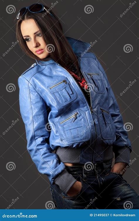 Woman In Blue Jeans And Leather Jacket Stock Image Image Of Model