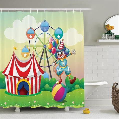 Circus Decor Shower Curtain Set Illustration Of A Clown Balancing Above