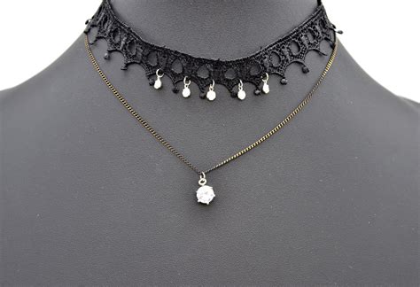 CC1449E Collier Choker Ras du Cou Bande Dentelle Ajourée Noir avec