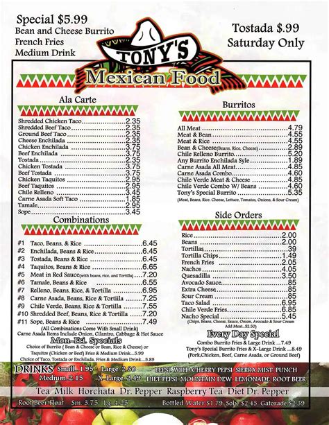 Tony's Mexican Food Menu, Menu for Tony's Mexican Food, San Bernardino, Inland Empire ...