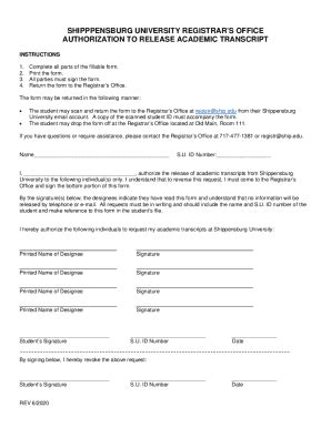 Fillable Online Shipppensburg University Registrars Office