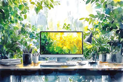 serene workspace watercolor illustration   computer desk surrounded