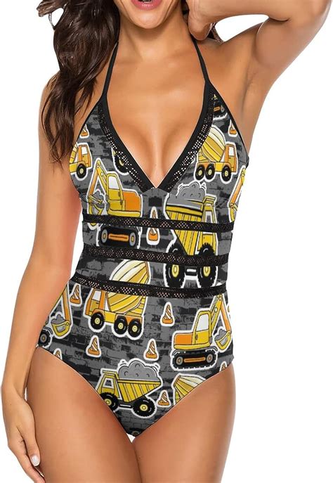 Excavator Construction One Piece Bathing Suit For Women V Neck Halter Backless