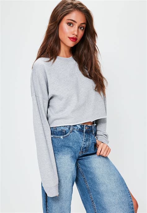 Lyst Missguided Grey Raw Hem Cropped Sweatshirt In Gray