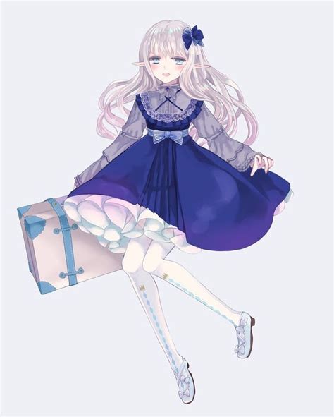 An Anime Girl In A Blue Dress And White Stockings Is Sitting On Top Of