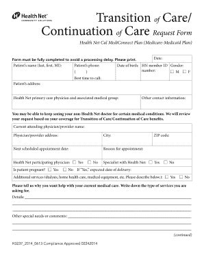 Transition Of Care Continuation Of Care Request Form Health Net