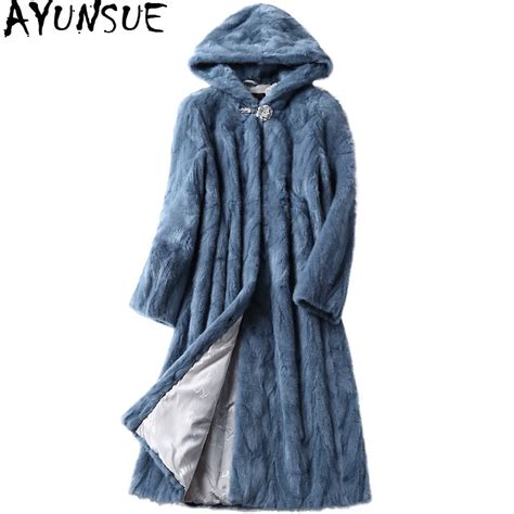 Ayunsue Manteau En Vraie Fourrure De Vison Pour Femme Long Manteau D