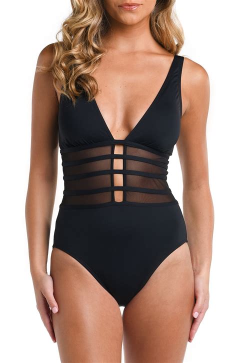 La Blanca Strappy Mesh Inset One Piece Swimsuit Black Editorialist