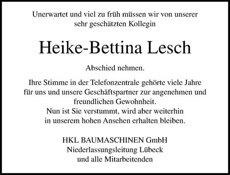 Traueranzeigen Von Heike Bettina Lesch Trauer Anzeigen De