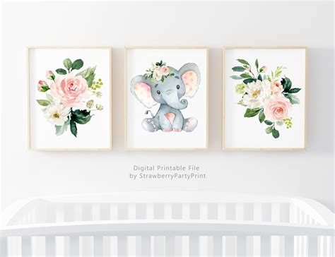 Set Of Floral Elephant Wall Art Printable Pink Elephant Baby Shower