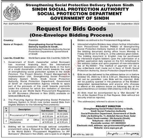 Sindh Social Protection Authority Sspa Tender Notice For Provision Of