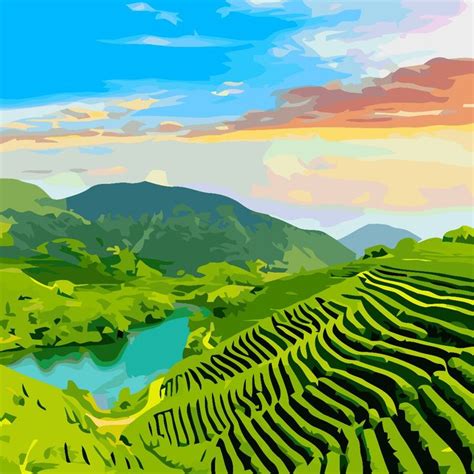 A Painting Of A Green Field With Mountains In The Background And A