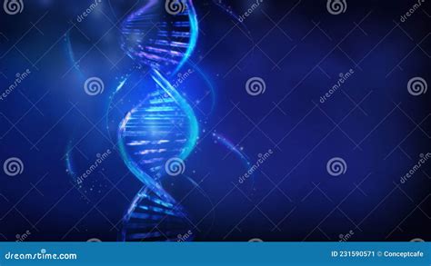 Luminous Dna Strands On A Dark Blue Background D Render Stock