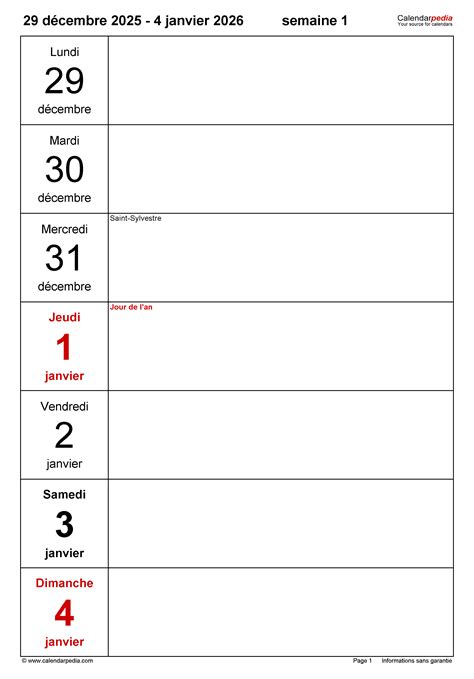 Calendrier Hebdomadaire 2026 Excel Word Et PDF