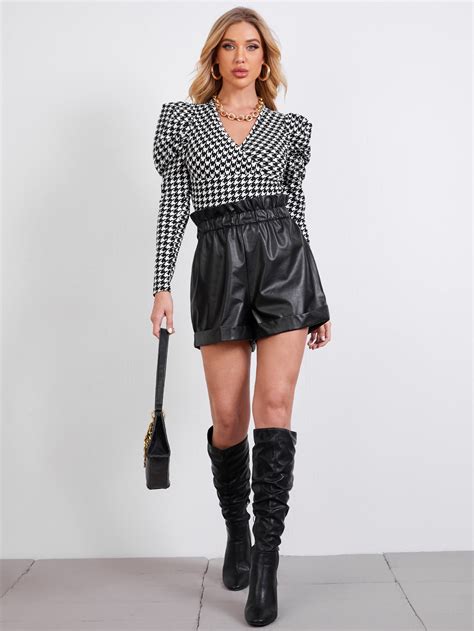 Shein Privé Surplice Neck Gigot Sleeve Houndstooth Bodysuit Shein Usa