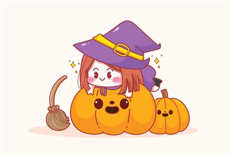 Cute little girl witch and pumpkin and having fun on Halloween ...