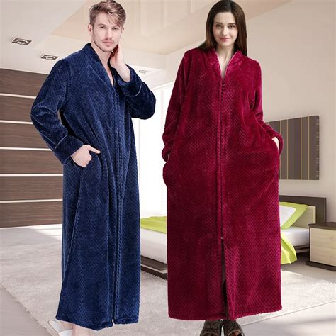 Men Winter Thermal Plus Size Extra Long Thick Grid Flannel Bathrobe Mens Zipper Warm Bath Robe