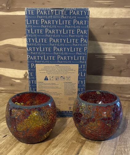 Partylite Sunset Glow Votive Pair Crackle Glass Original Box New Ebay