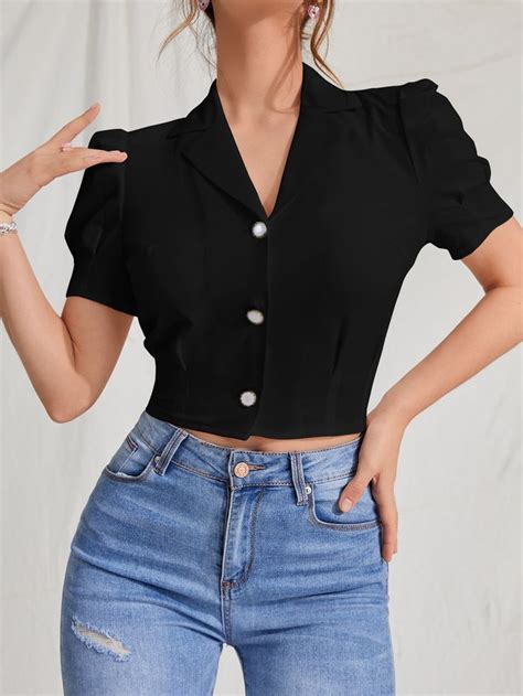 Black Elegant Collar Short Sleeve Polyester Plain Shirt Embellished