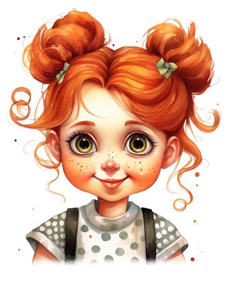 Premium Photo Cartoon Girl With Red Hair And Polka Dot Dress With Green Eyes Generative Ai