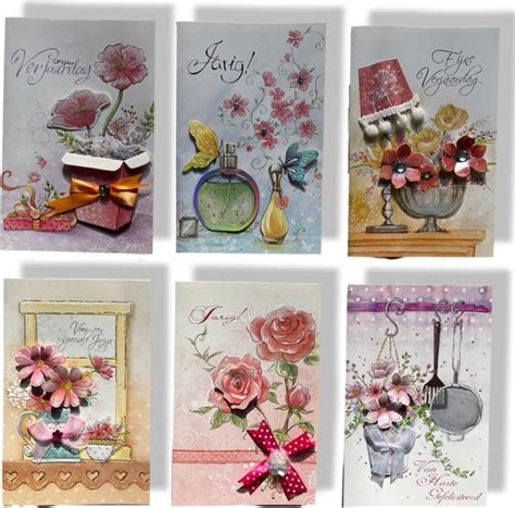 Cards Crafts 6 Luxe 3D Verjaardag Wenskaarten Felicitatie Bloemen