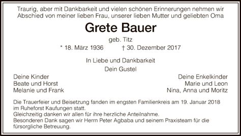 Traueranzeigen Von Grete Bauer Trauer Hna De