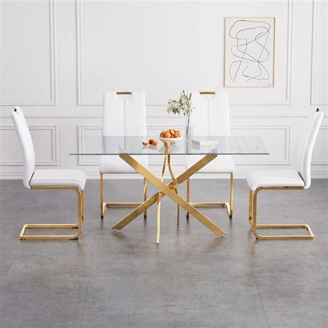 Haizao Dining Table Set For Modern Rectangular Tempered Glass Top