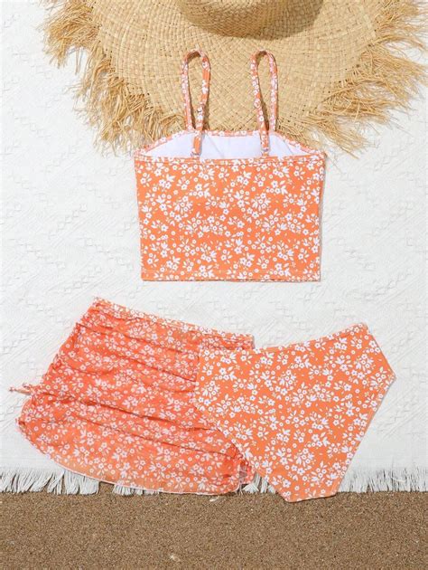 Conjunto de Maiô Bikini Estampa Floral Modesta para Meninas