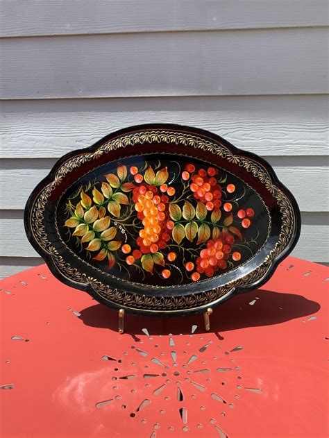 Vintage Metal Tray Oval Scalloped Edge Hand Painted Black Etsy