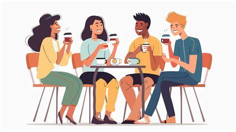 Happy Friends Talking And Drinking Coffee And Tea Premium Ai