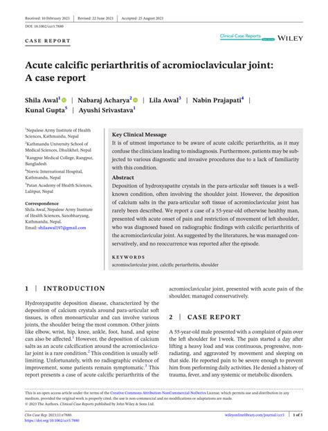 Pdf Acute Calcific Periarthritis Of Acromioclavicular Joint A Case