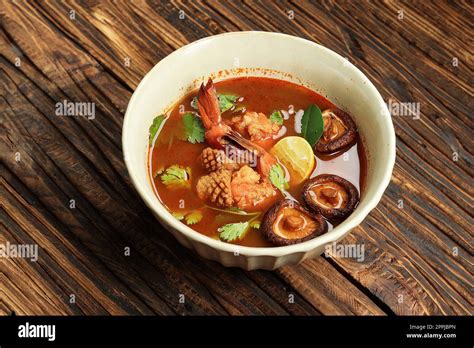 Tom Yam Kung Spicy Shrimp Soup Popular Thai Hot And Sour Soup Recipe With Mushroom And